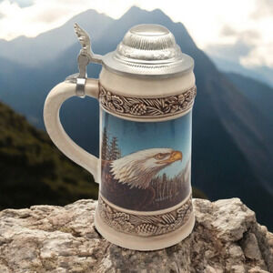 Patriotic Tankard Meger Bald Eagle Vintage Gerz Germany Beer Stein 95% Zinn Lid